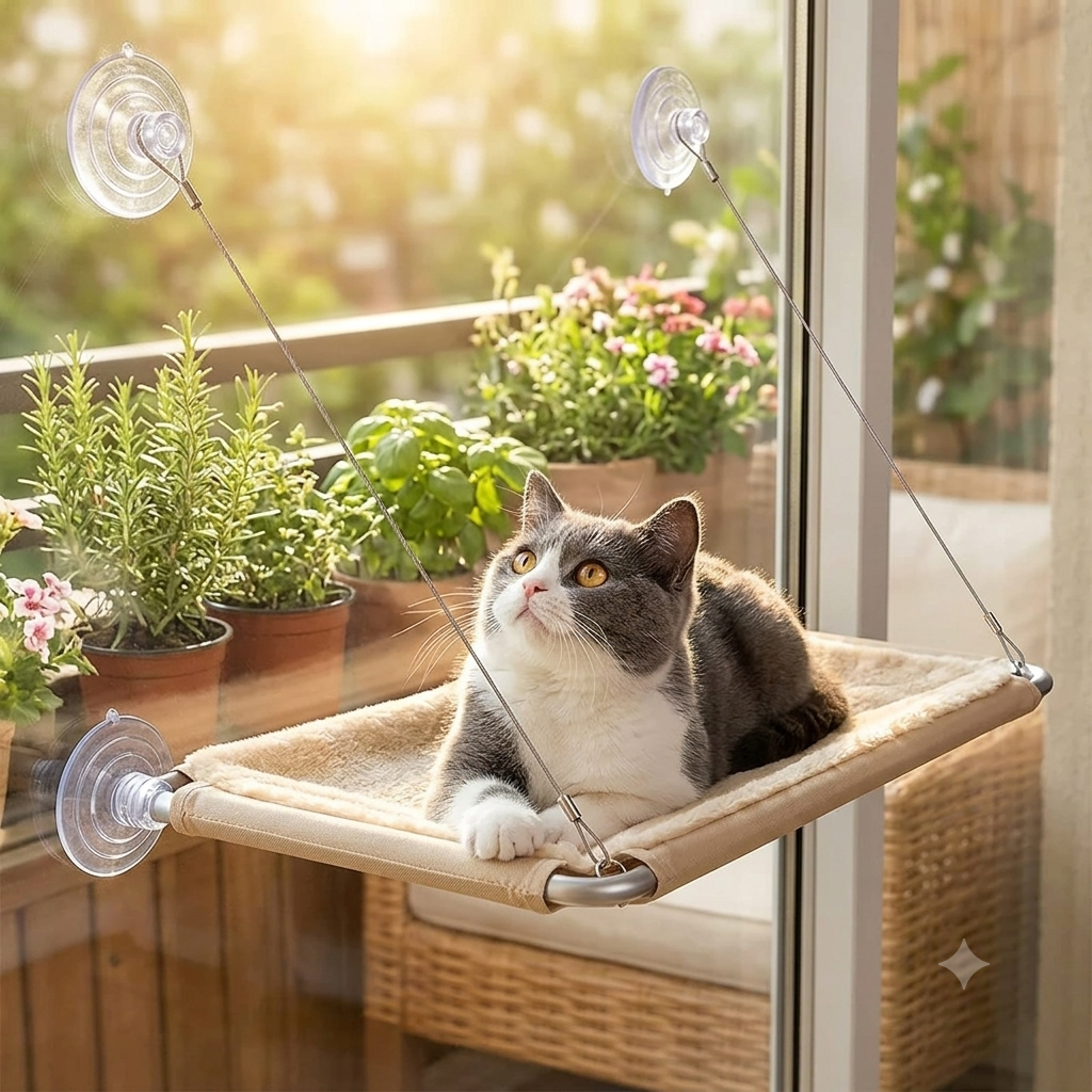 Chat installé dans un hamac fenêtre à ventouses au soleil - Hamac Fenêtre Ventouse LuxPaw
