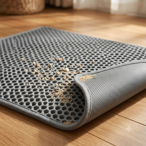 Tapis anti-litière LuxPaw posé devant une litière de chat