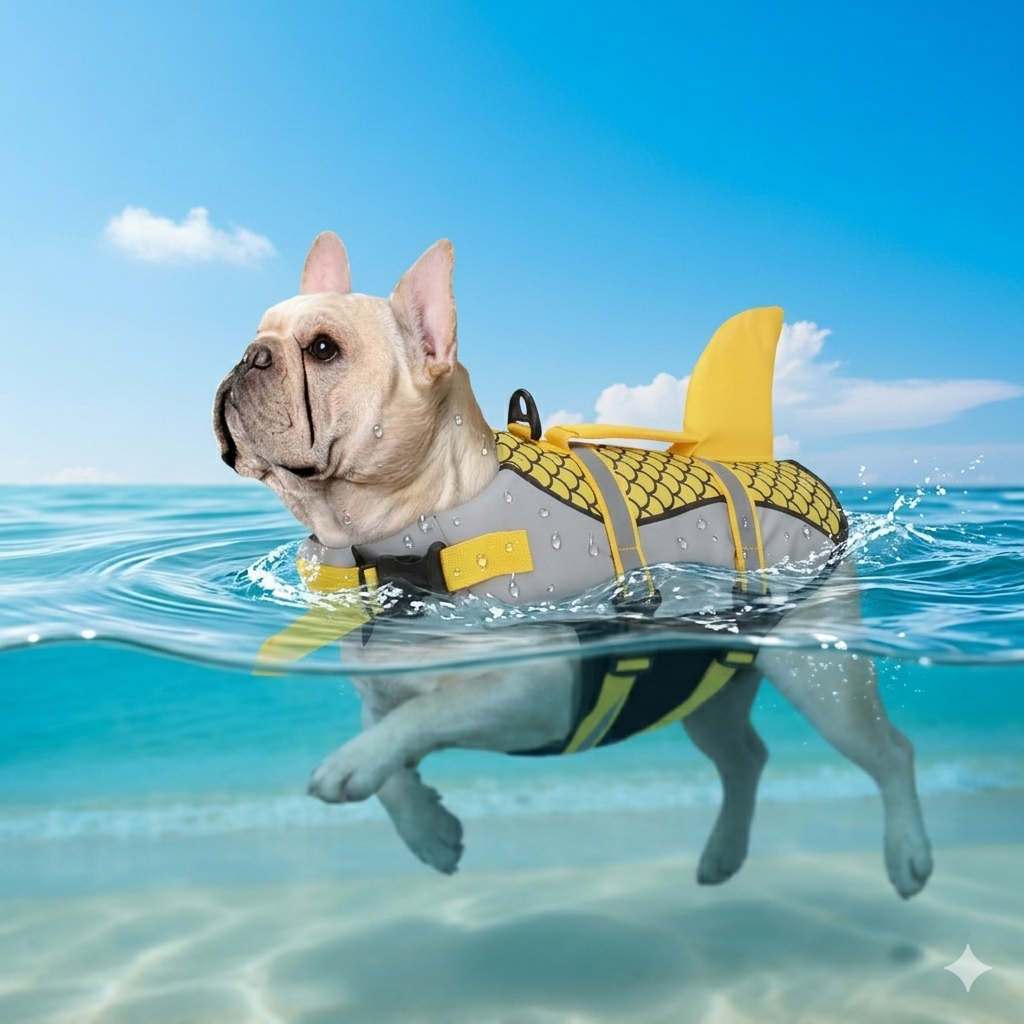 Chien qui porte un gilet de sauvetage requin dans l'eau - Gilet de Sauvetage Requin LuxPaw