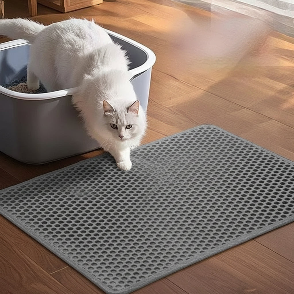 🐱 Tapis de Litière Anti-Sable pour Chat — Double Couche, Base Antidérapante